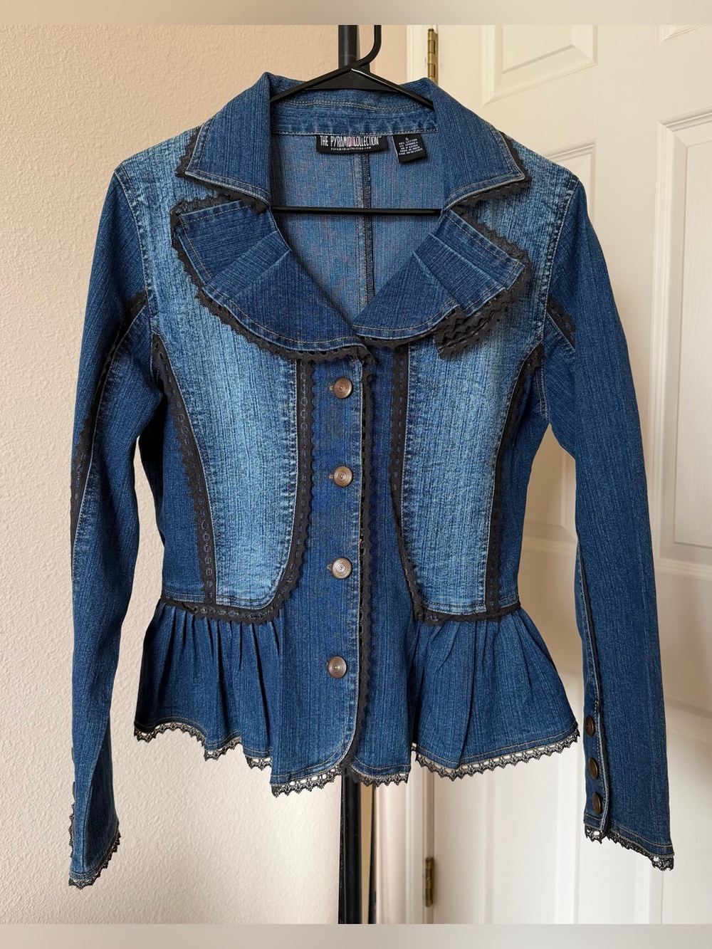The Pyramid Collection women’s S denim lace jacket pleated steampunk whimsigoth